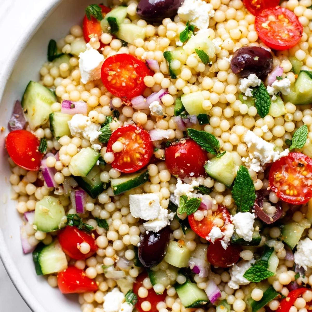 Colorful Mediterranean couscous salad piled in a bowl with crumbled feta and cherry tomatoes