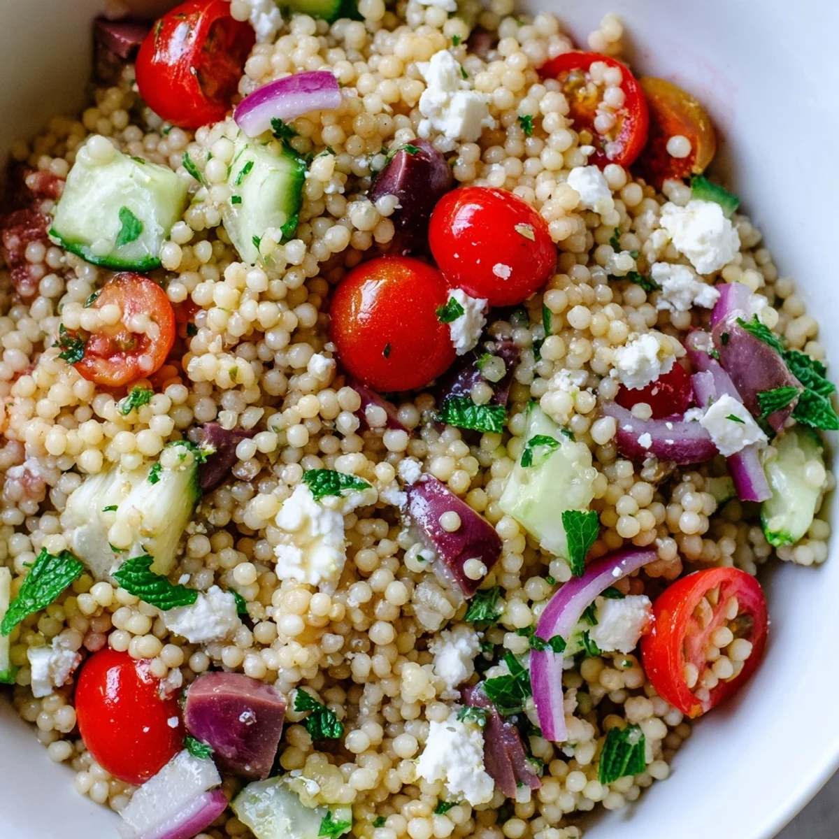 Fluffy Mediterranean couscous salad drizzled with glistening hot honey lemon vinaigrette and fresh herbs