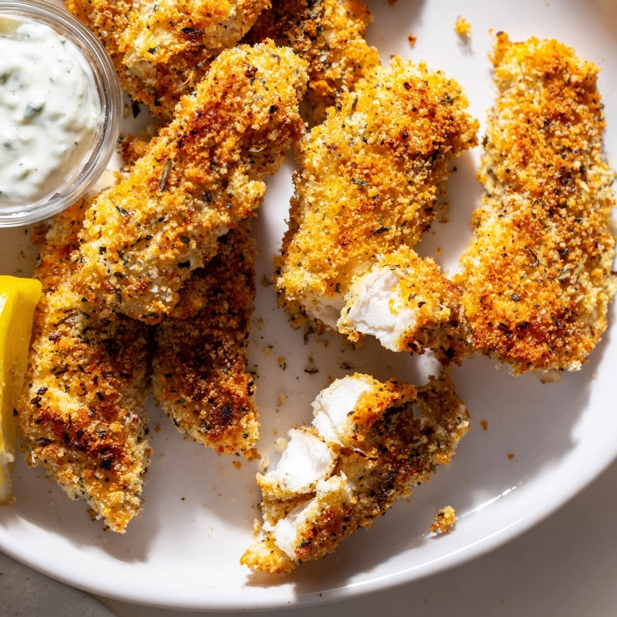 Golden crispy Greek chicken strips with herb-flecked panko crust served on rustic parchment paper