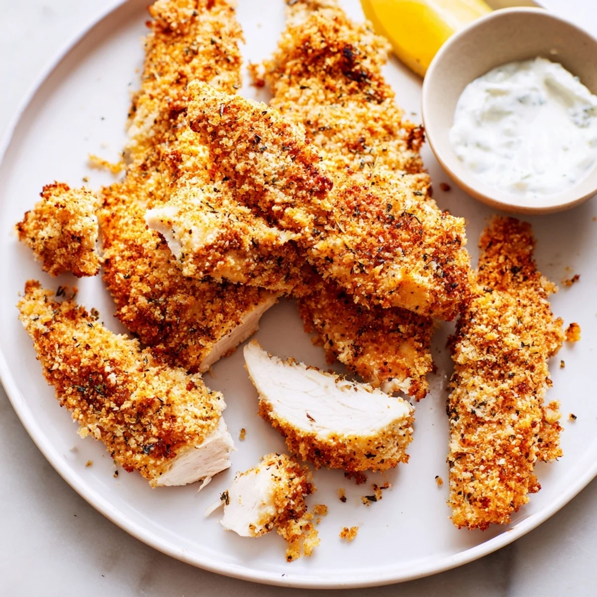 Mediterranean herb marinated crispy Greek chicken strips stacked beside cool tzatziki dipping sauce