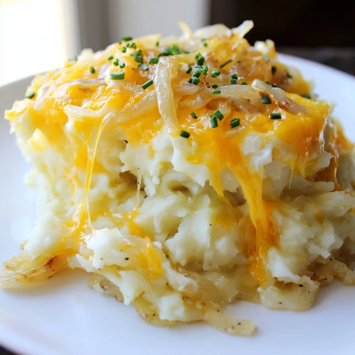 Golden bubbling cheesy onion mashed potato casserole fresh from the oven with melted cheddar on top
