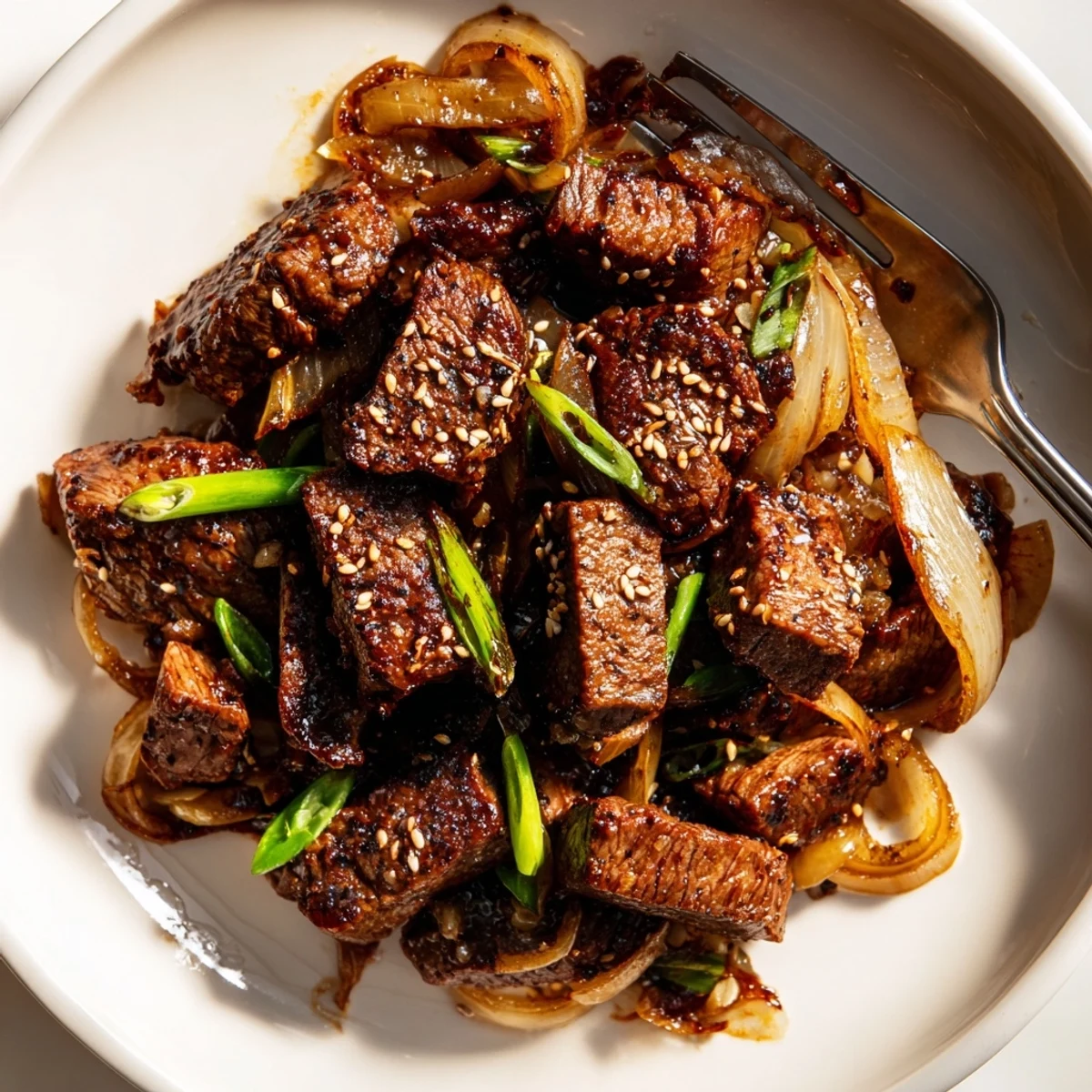 Golden brown Asian inspired cube steak sizzling in a skillet with sautéed onions and vibrant stir fried vegetables
