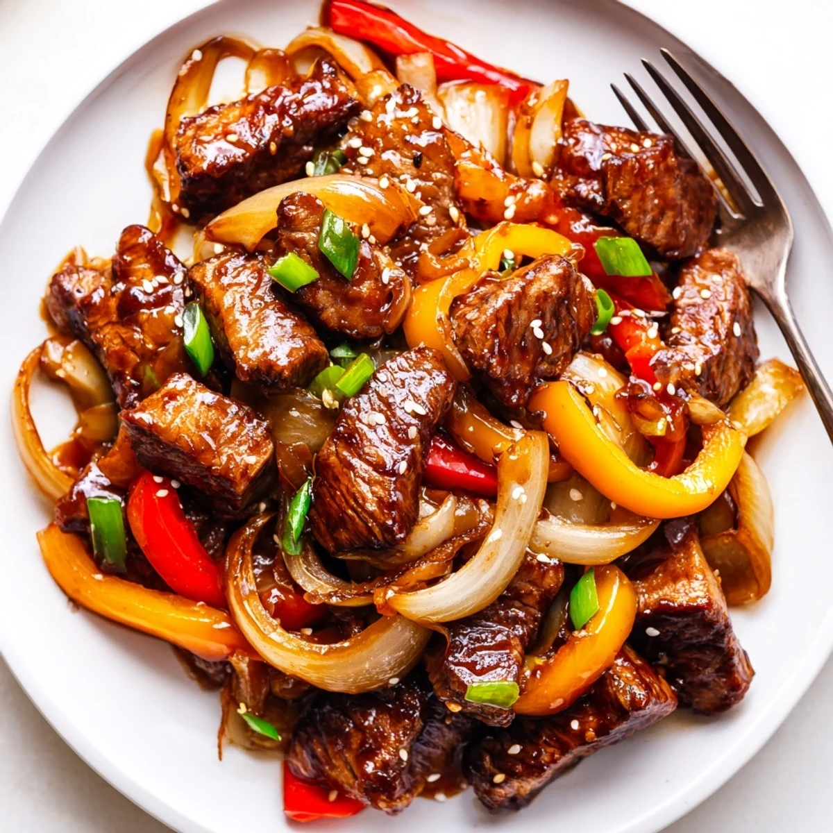 Juicy seared Asian inspired cube steak coated in glossy savory marinade served over fluffy steamed jasmine rice