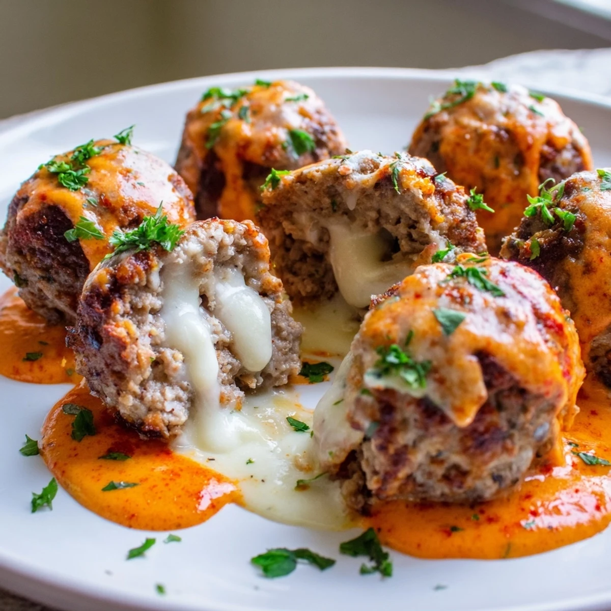 Golden cheese stuffed meatballs drizzled with creamy spicy cheese sauce on a rustic plate