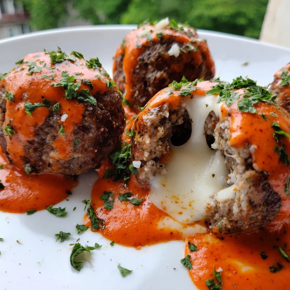 Steaming cheese stuffed meatballs with spicy cheese sauce served over buttered pasta noodles