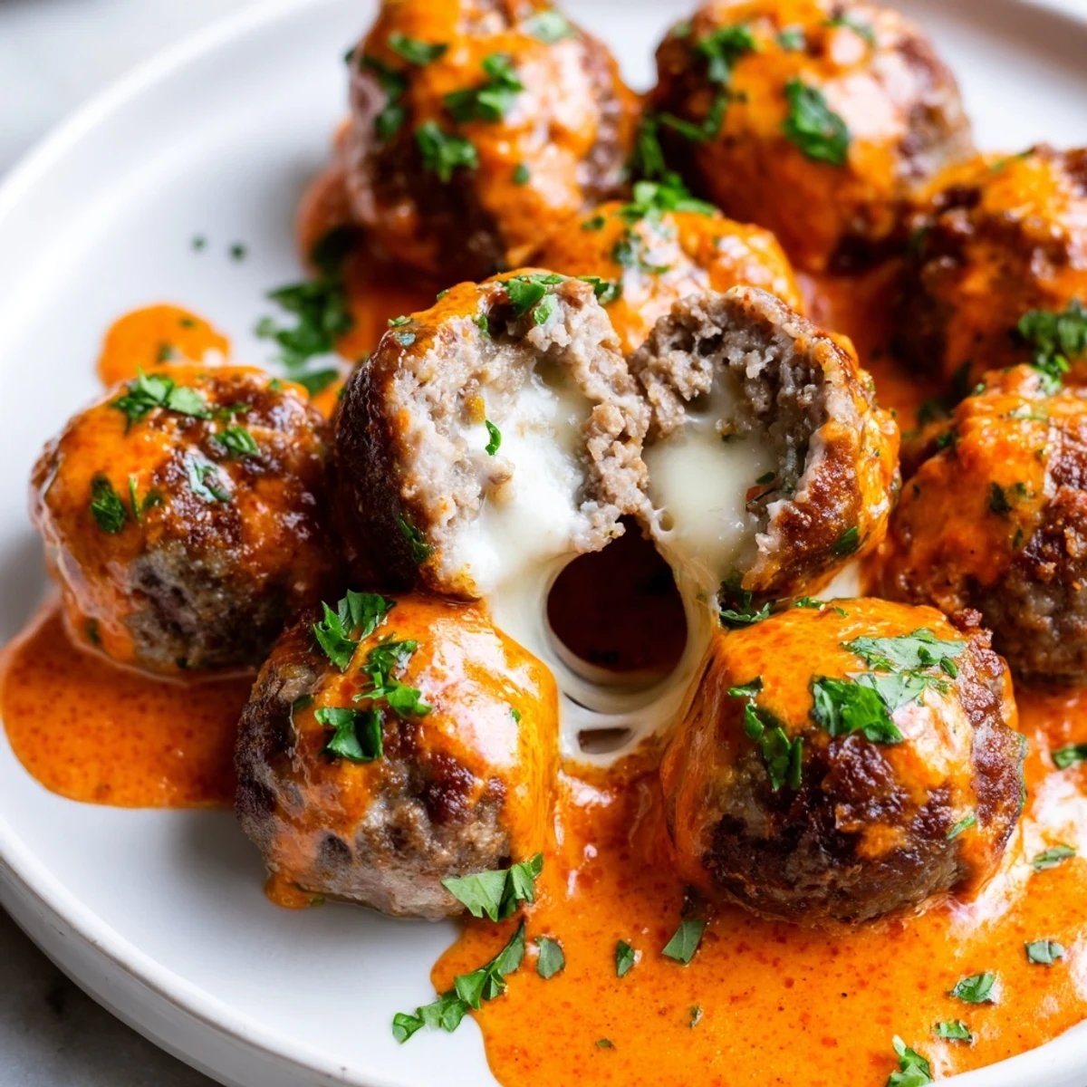 Juicy cheese stuffed meatballs with spicy cheese sauce pooled in a cast iron skillet