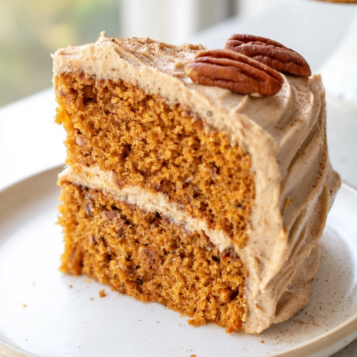 Golden pumpkin pecan cake slice topped with swirls of cinnamon cream cheese icing