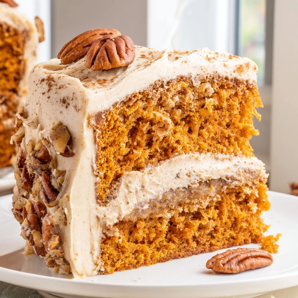 Moist spiced pumpkin pecan cake with creamy cinnamon frosting on a rustic autumn plate