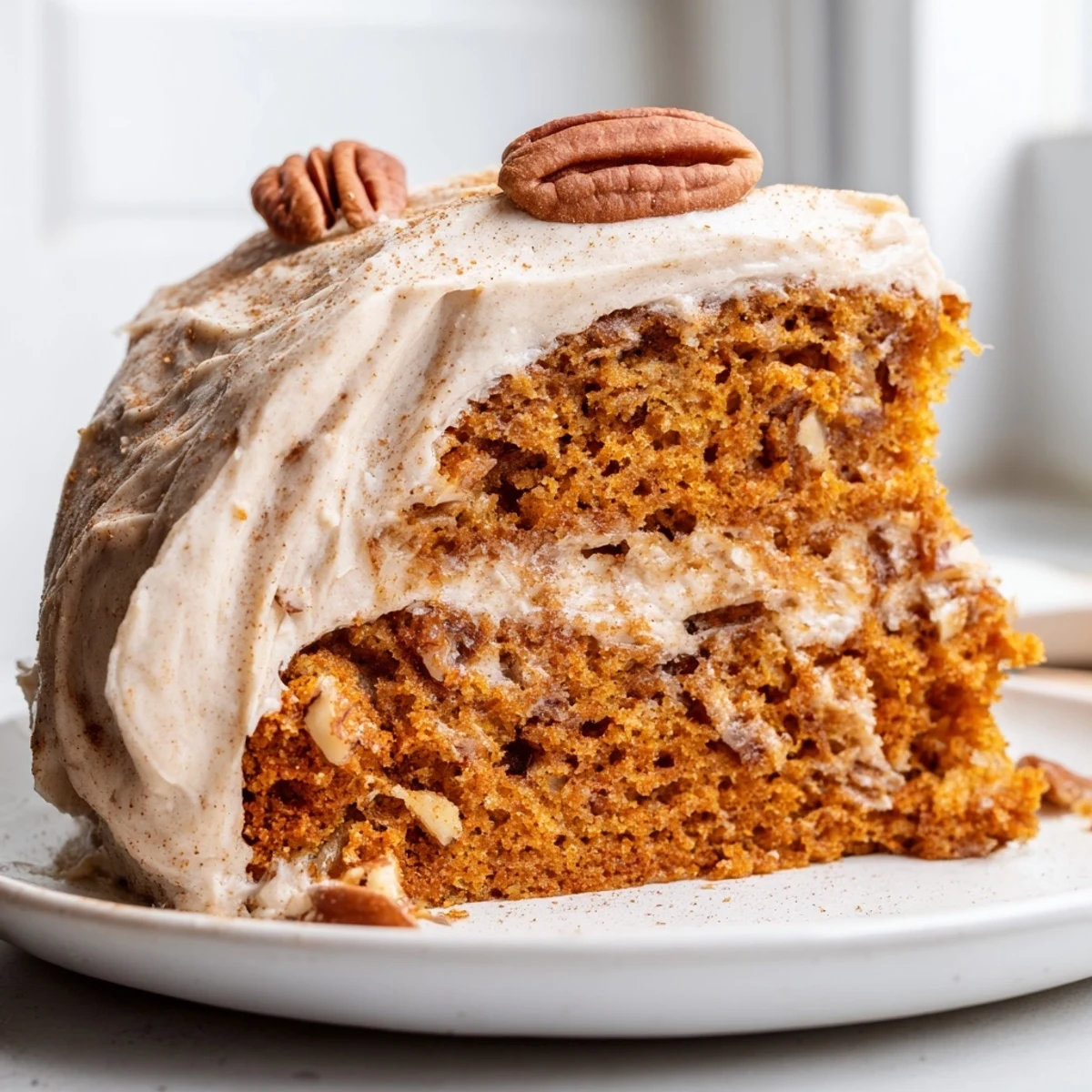 Thick slice of pumpkin pecan cake with velvety cinnamon cream cheese icing and toasted pecan halves