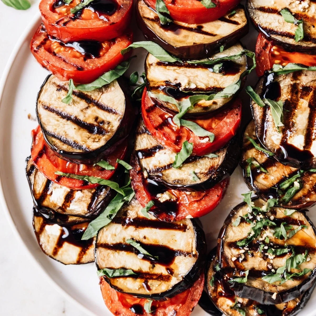 Smoky grilled tomato eggplant slices layered on a rustic serving platter