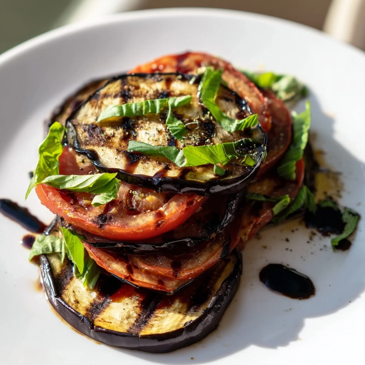 Golden grilled tomato eggplant rounds garnished with fresh basil and olive oil