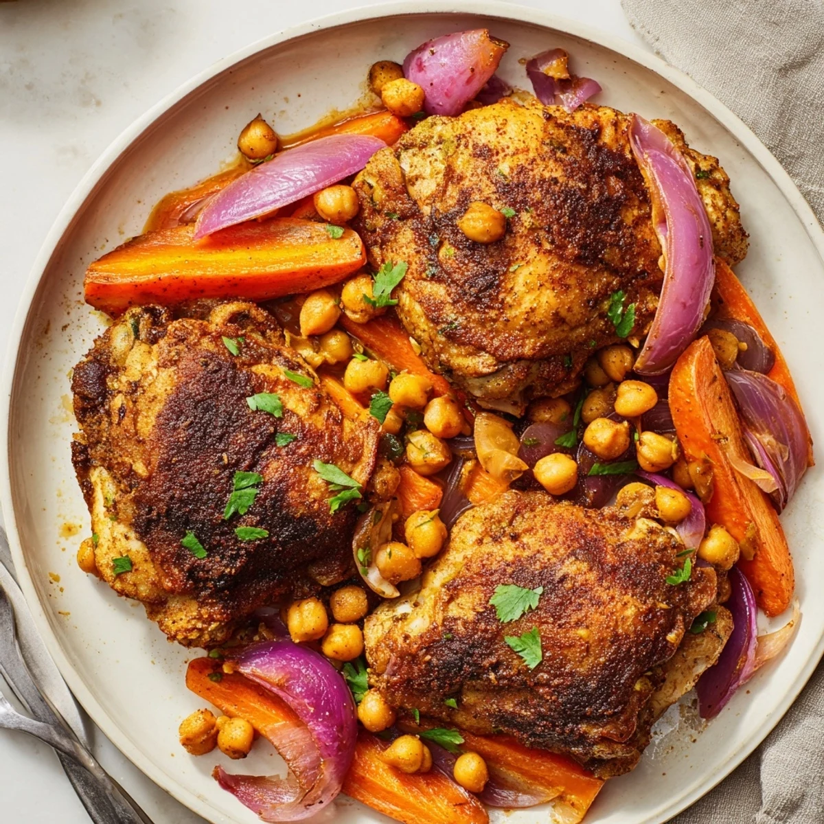 Tender sumac chicken served over caramelized carrots and crispy chickpeas on a rustic platter