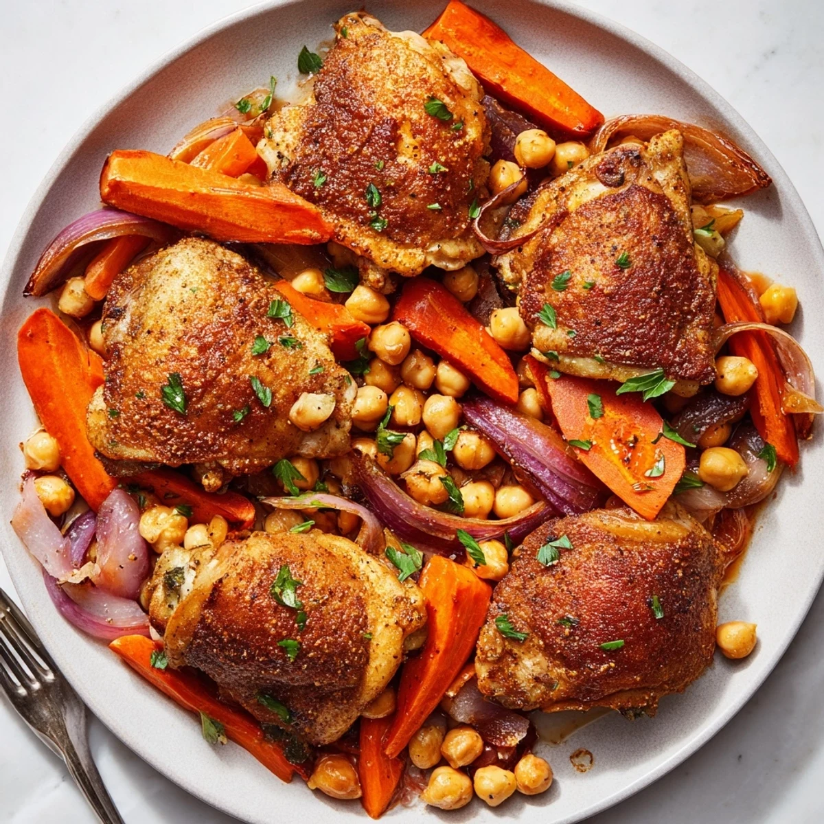 Golden sumac chicken with carrots and chickpeas roasted on a sheet pan