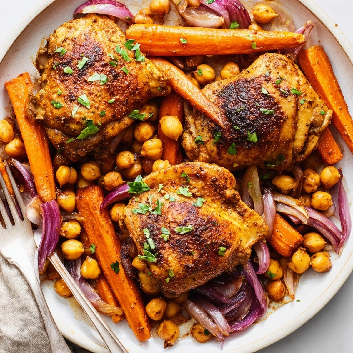 Juicy sumac chicken thighs nestled beside roasted carrots and chickpeas with fresh parsley garnish