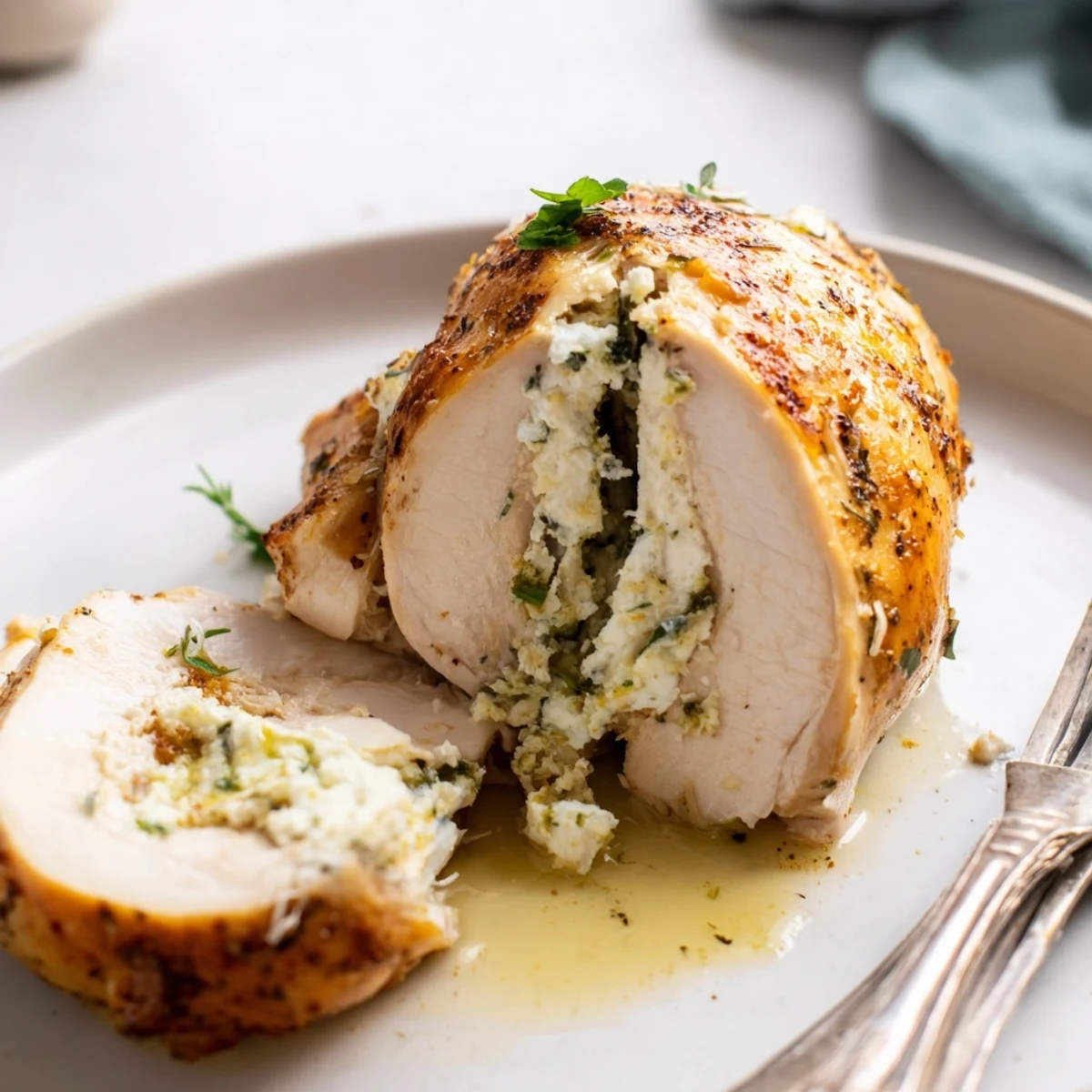 Golden baked goat cheese chicken with herbs on a white serving platter