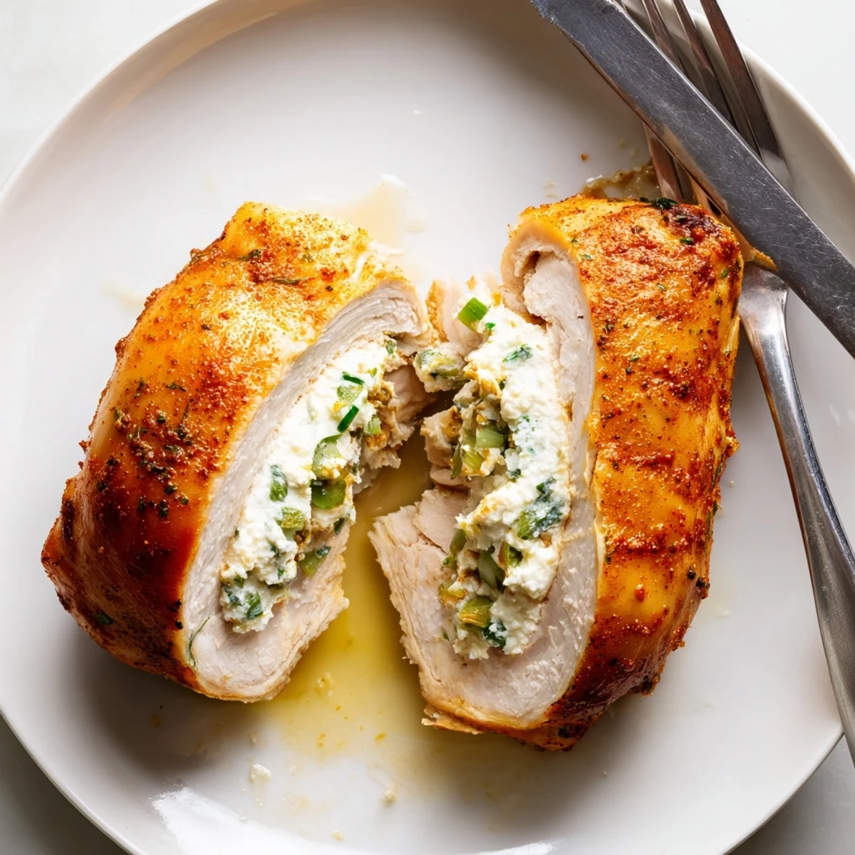Elegant goat cheese chicken sliced open revealing a bright herbed lemon filling