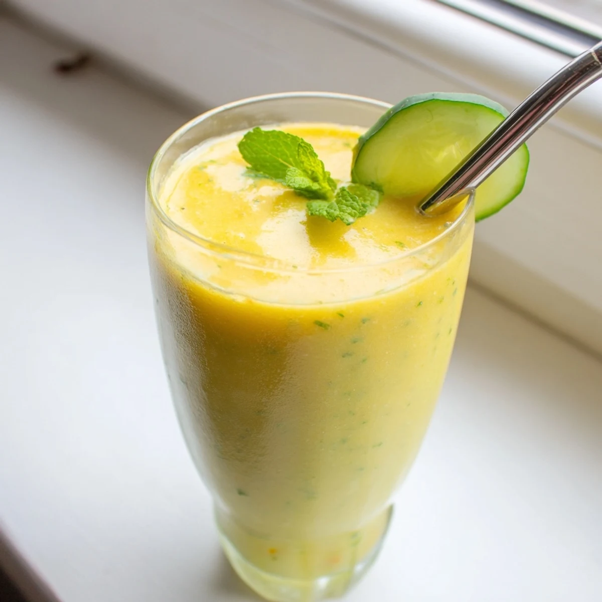 Tall glass of mango cucumber smoothie garnished with fresh mint leaves