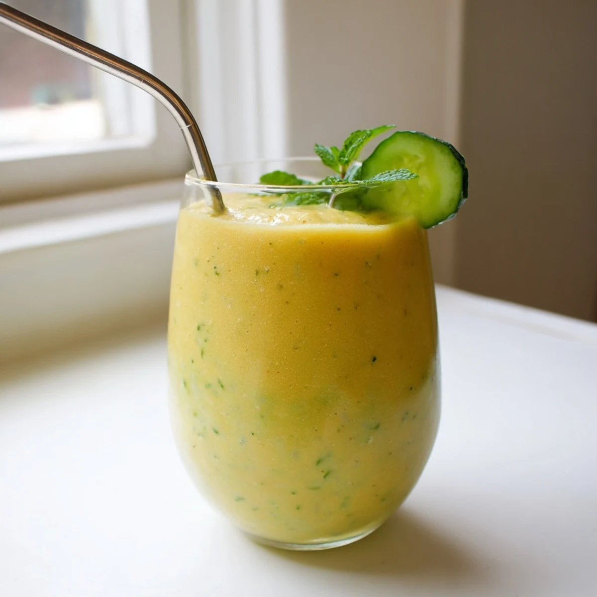 Blended mango cucumber smoothie topped with a cucumber slice and lime wedge