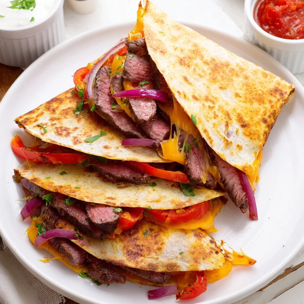 Crispy golden steak quesadillas loaded with melted cheese and colorful bell peppers