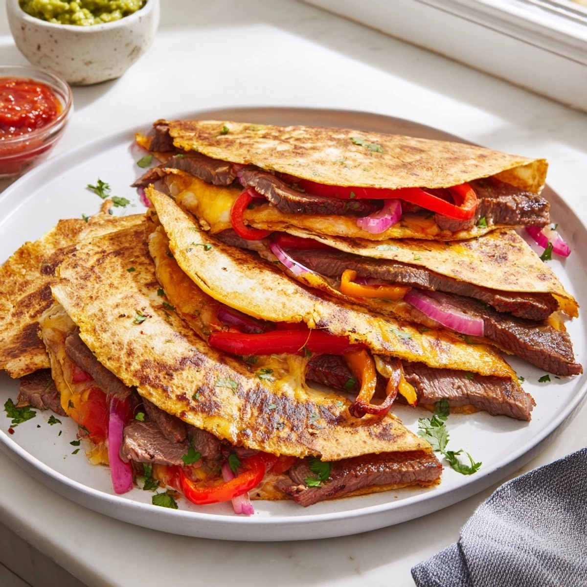 Steak quesadillas cut into wedges on a wooden board beside fresh guacamole