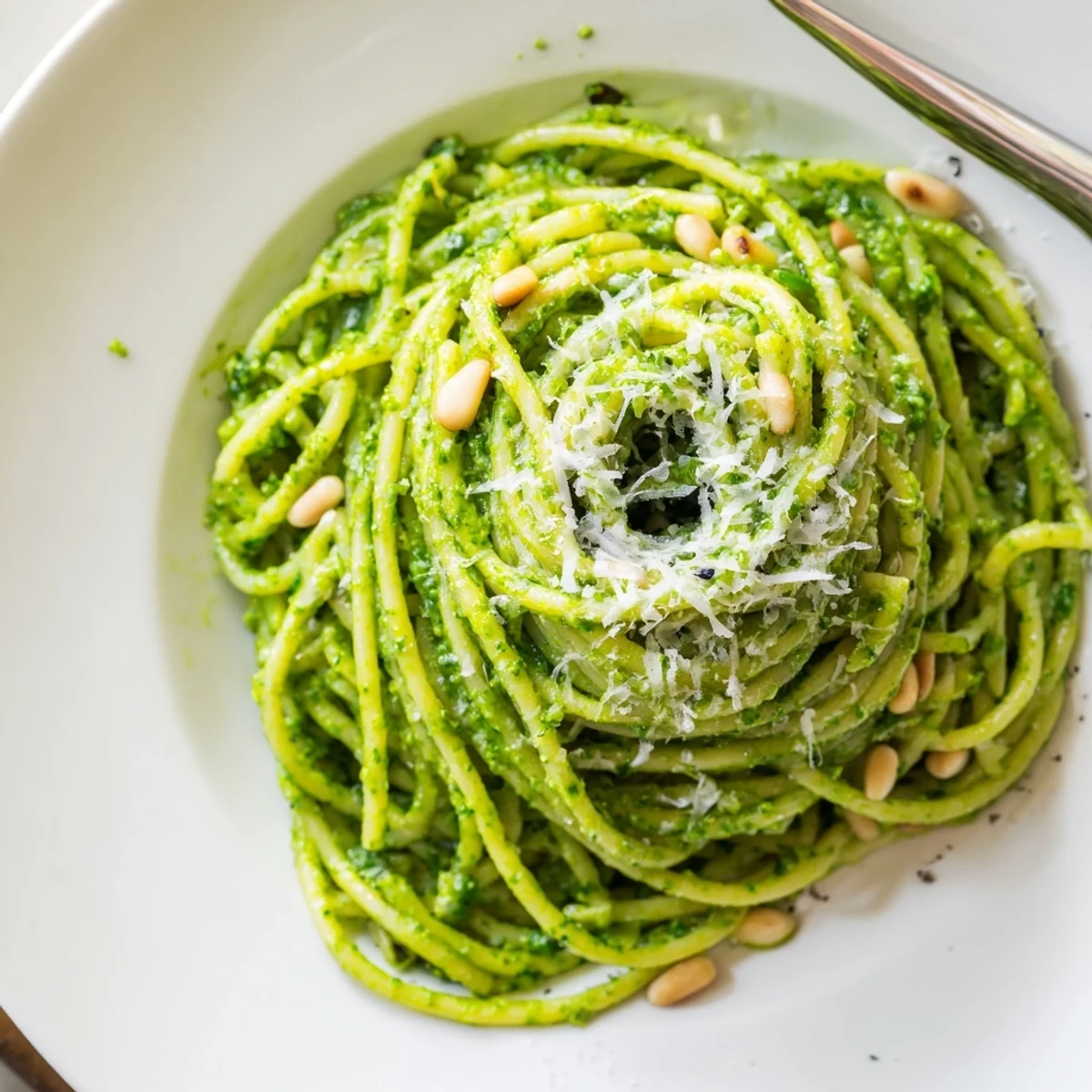 Steaming bowl of wild garlic pesto pasta garnished with freshly cracked black pepper