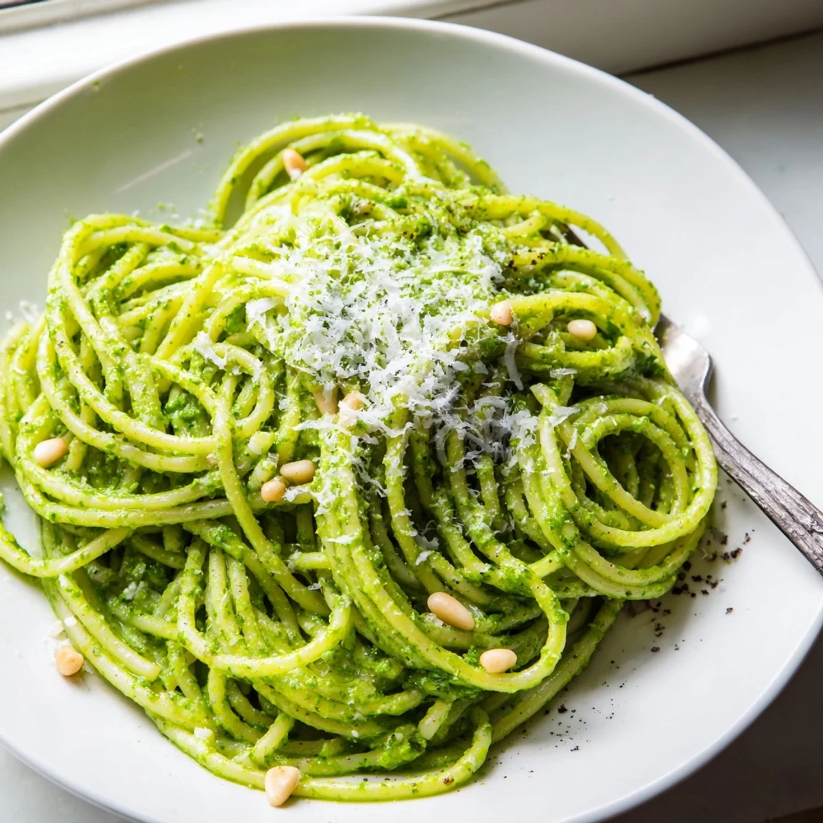 Wild garlic pesto pasta coated in a silky, bright green herb sauce