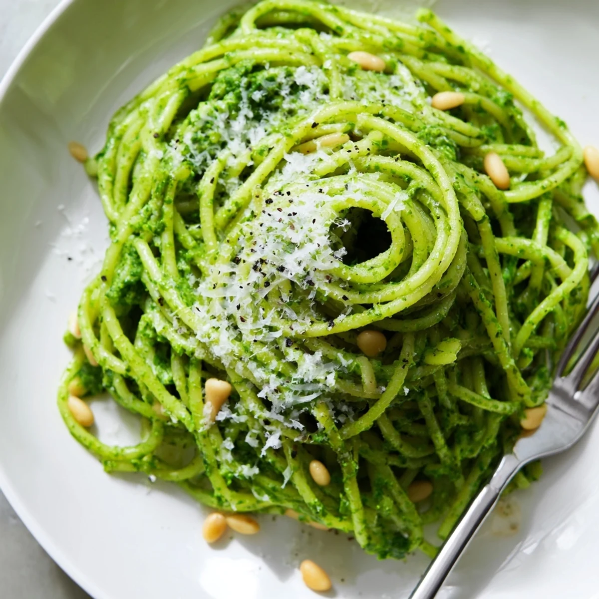 Wild garlic pesto pasta twirled on a fork with toasted pine nuts and Parmesan