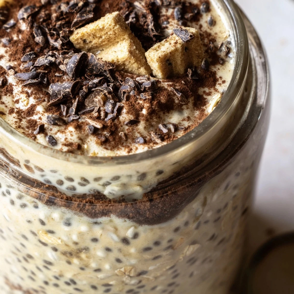 Creamy tiramisu overnight oats layered with mascarpone and dusted with cocoa powder