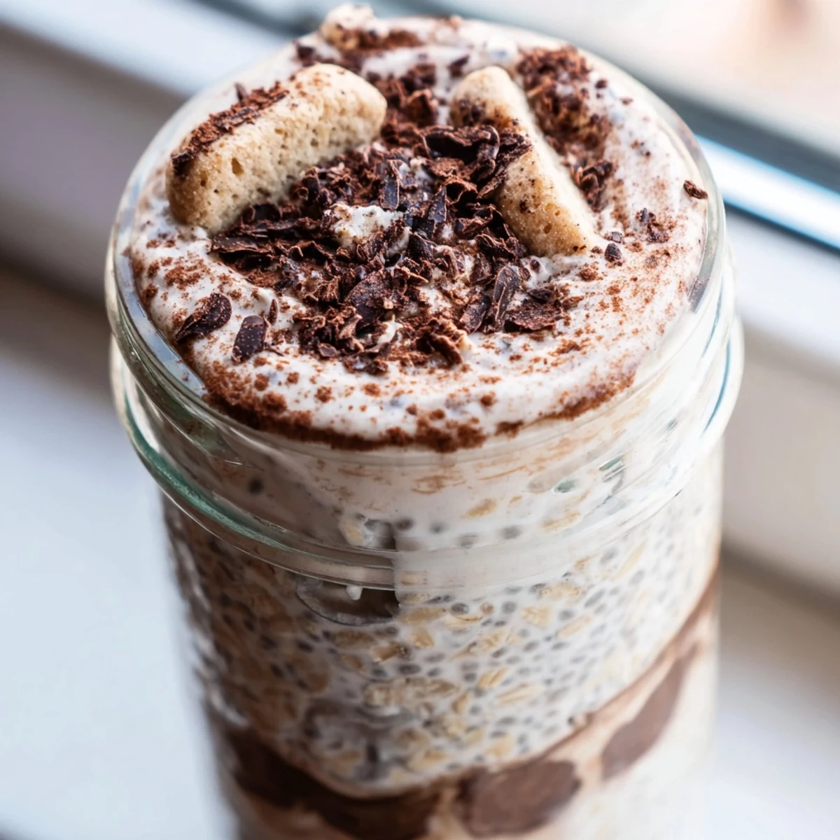 Tiramisu overnight oats in glass jars topped with dark chocolate shavings