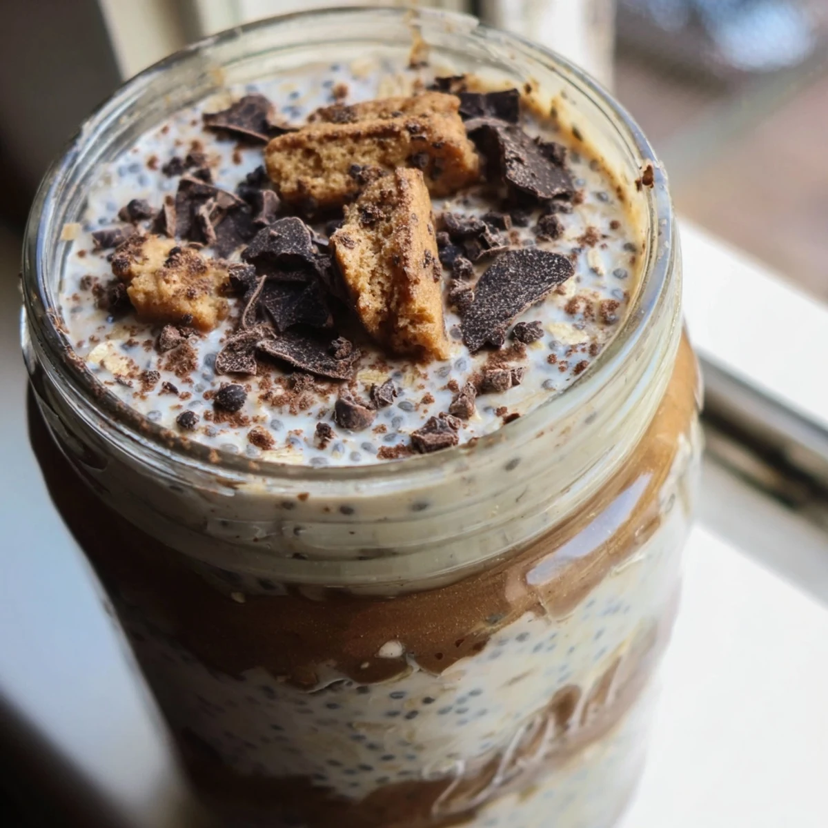 Rich coffee-infused tiramisu overnight oats with a velvety mascarpone layer served chilled