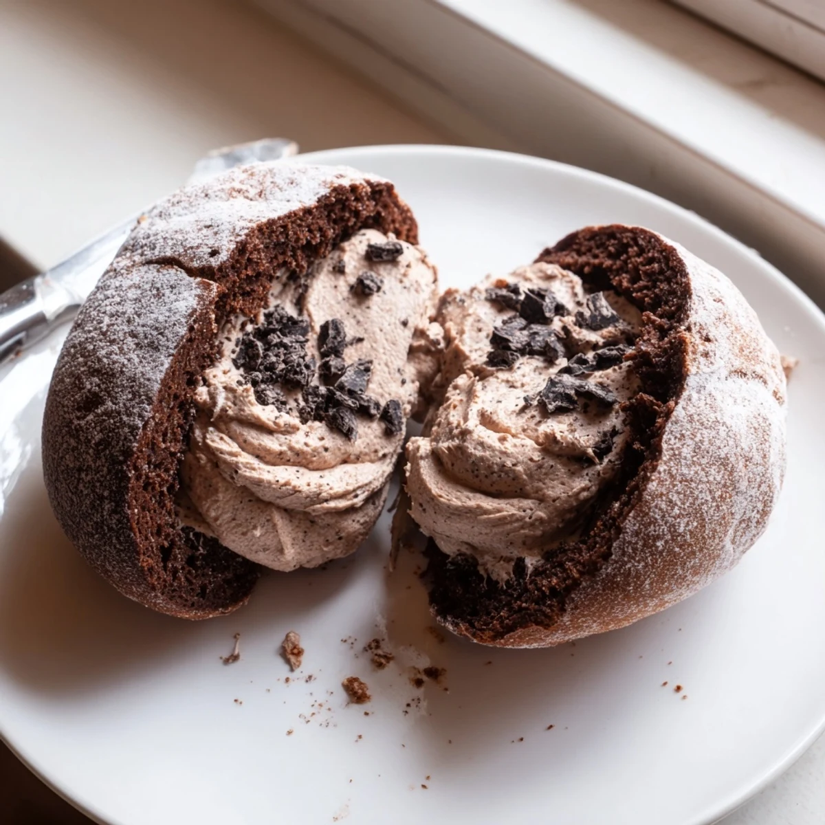 Italian Chocolate Maritozzi split open with billowing dark chocolate whipped cream spilling out