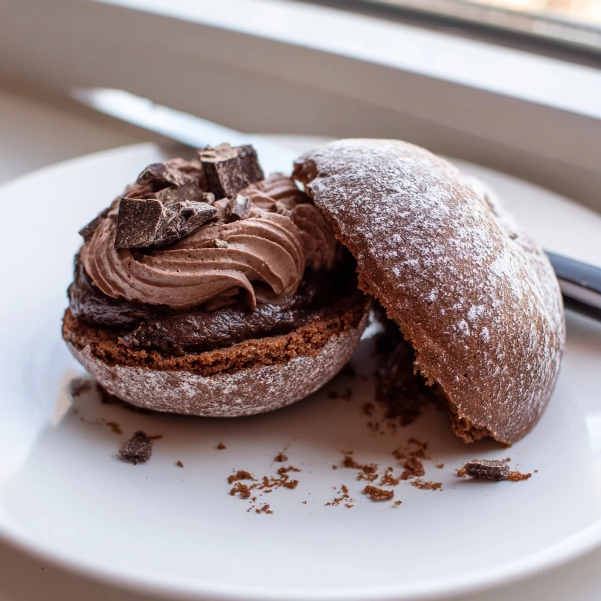 Golden-baked Italian Chocolate Maritozzi buns dusted with powdered sugar on rustic parchment paper