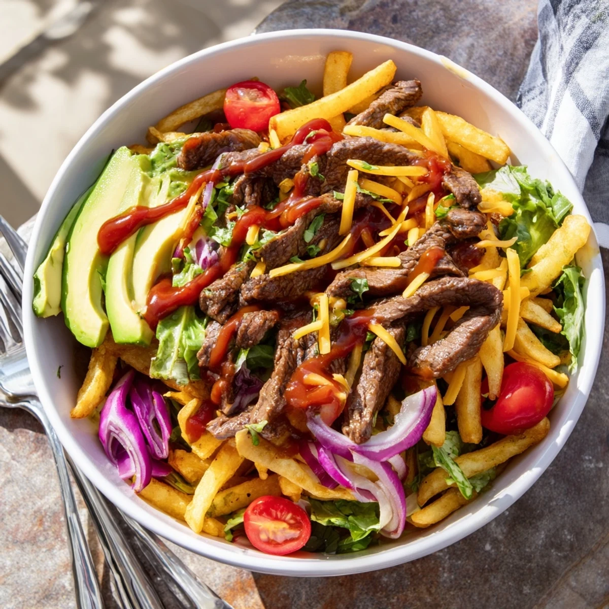 A hearty steak strips crispy fries bowl loaded with fresh veggies and zesty sauce