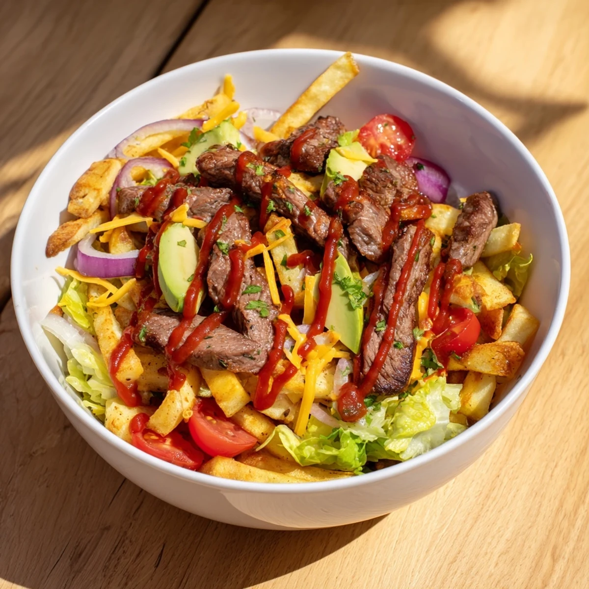 Close-up of steak strips crispy fries bowl drizzled with spicy sauce and melted cheese