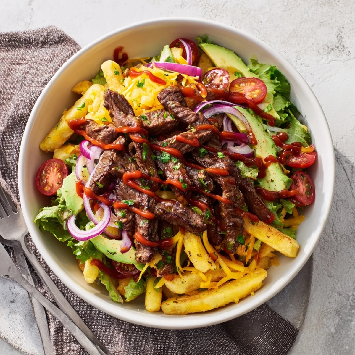 Golden crispy fries topped with seared steak slices and colorful vegetables in a bowl