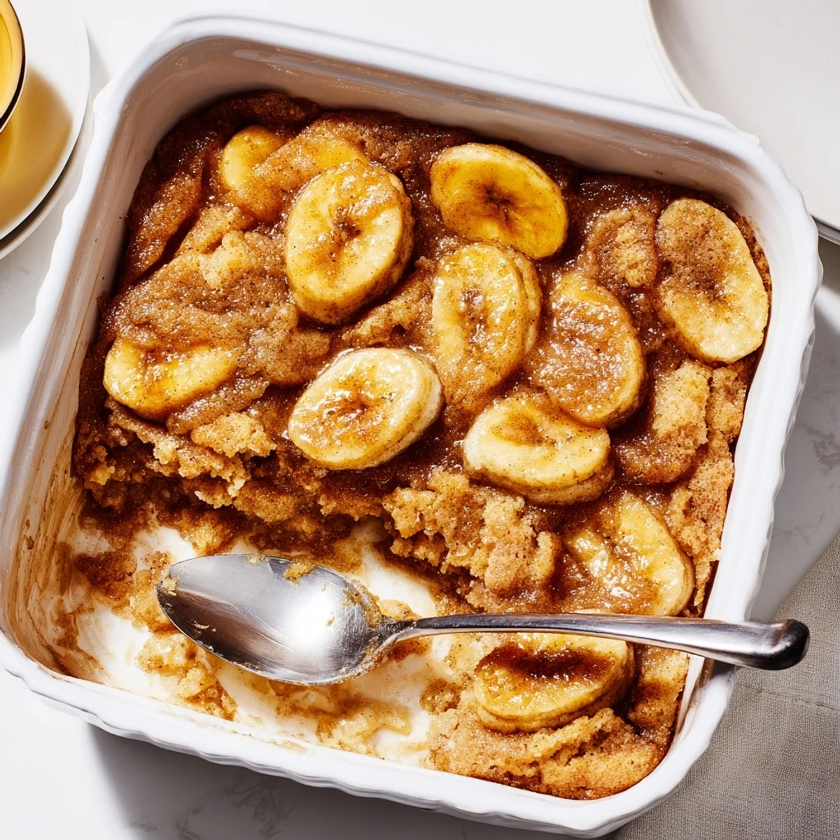 Golden brown Southern banana cobbler fresh from the oven with caramelized fruit and bubbling juices.