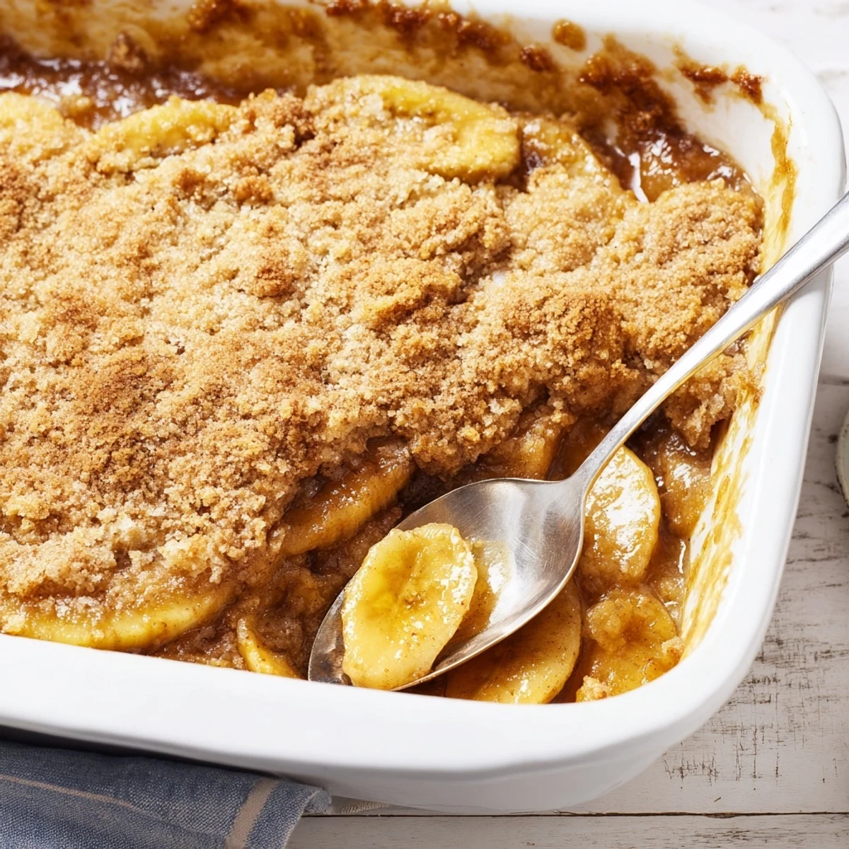 Rustic Southern banana cobbler topped with scoops of vanilla ice cream and a buttery golden crust.