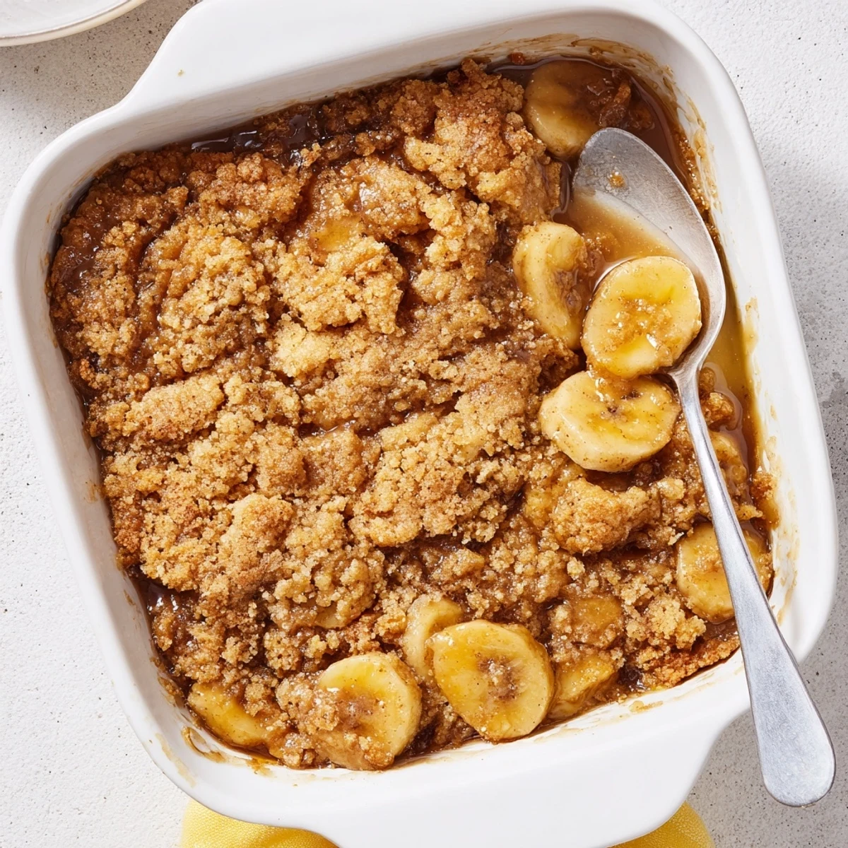 Delicious Southern banana cobbler featuring sweet spiced fruit baked beneath a flaky homemade biscuit topping.