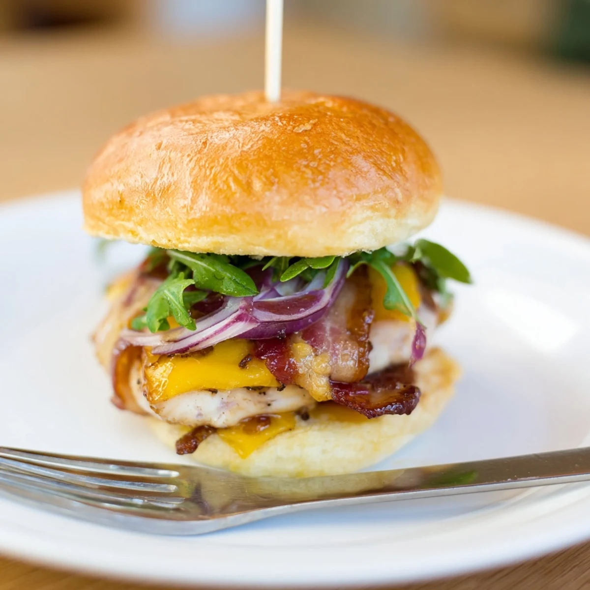 Maple chicken bacon sliders stacked on toasted buns with melted cheddar and fresh arugula  