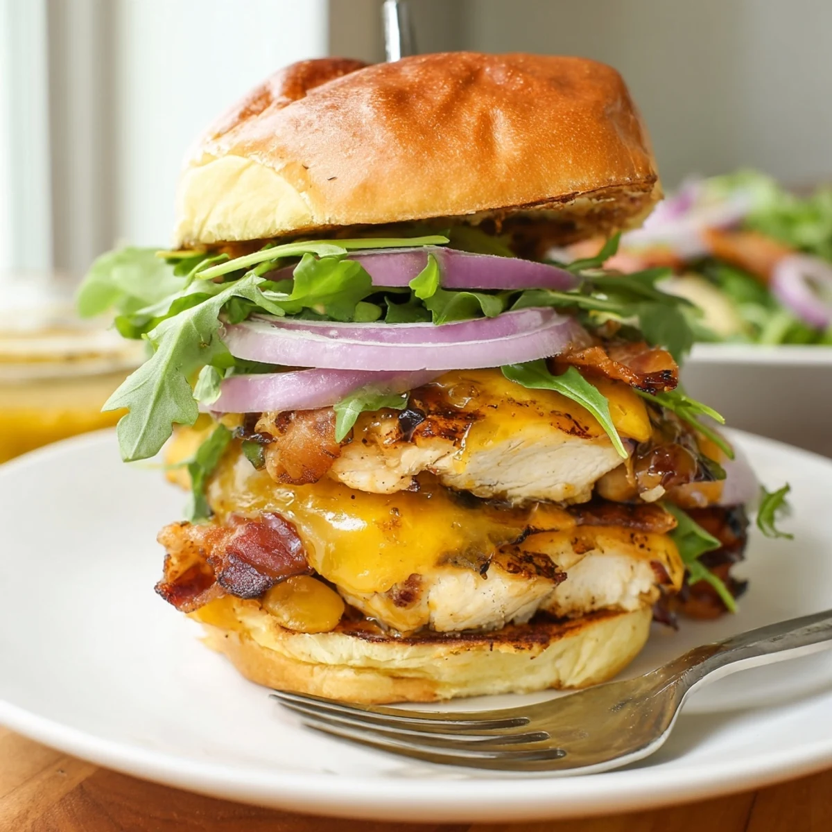 Serving of maple chicken bacon sliders on a wooden board with a side of fries