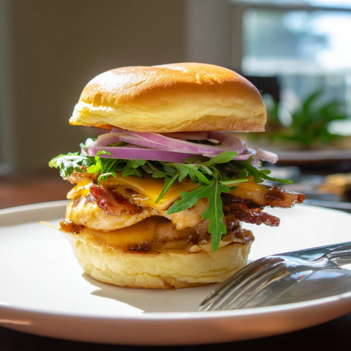 Close-up of sweet maple glazed chicken sliders layered with crispy bacon and red onion  