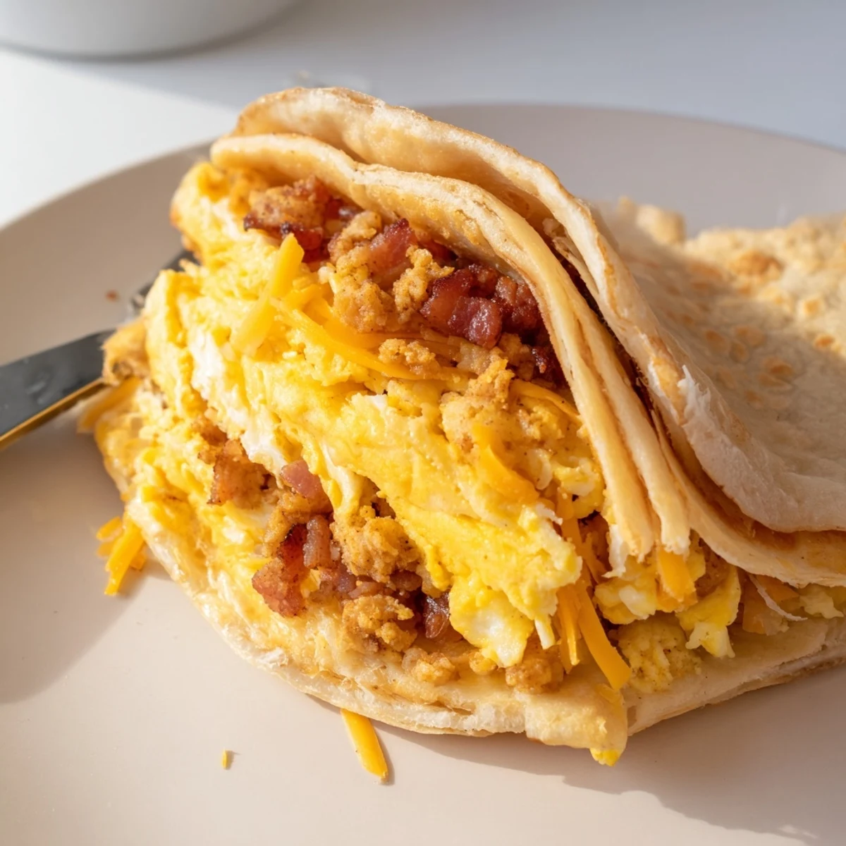 Sweet pancake tacos filled with yogurt and granola on a white plate background.