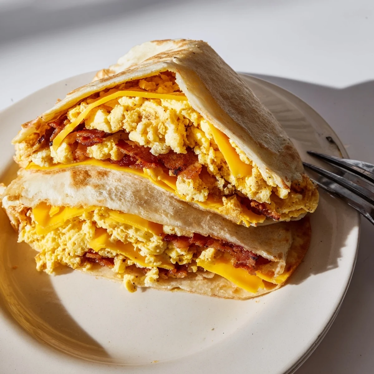 Fluffy pancake tacos holding scrambled eggs and cheese on a rustic wooden board.