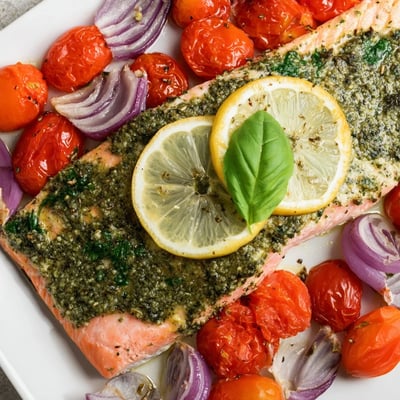 Roasted Baked Salmon with Pesto and Cherry Tomatoes garnished with fresh basil leaves alongside steamed rice on a dinner plate.