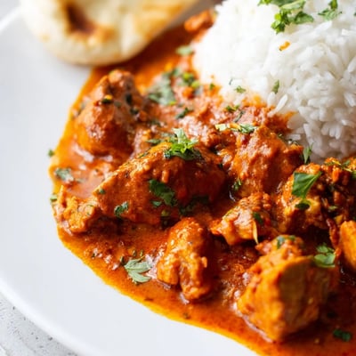 A close-up of aromatic chicken tikka masala beside basmati rice and naan, garnished with fresh cilantro.
