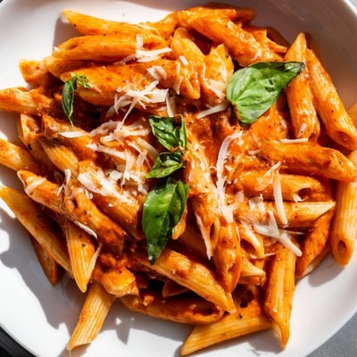 Steaming Creamy Tomato Pasta with Fresh Basil Leaves serves beautifully in a rustic bowl with Parmesan and garlic bread.