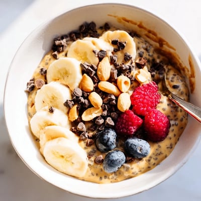 Thick chocolate-drizzled peanut butter chia pudding served in glass jars
