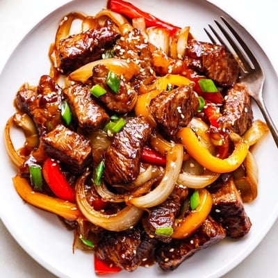 Juicy seared Asian inspired cube steak coated in glossy savory marinade served over fluffy steamed jasmine rice