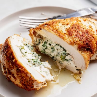 Creamy goat cheese oozing from a juicy seared chicken breast close-up