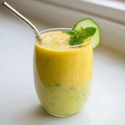 Creamy golden mango cucumber smoothie poured over ice in a mason jar